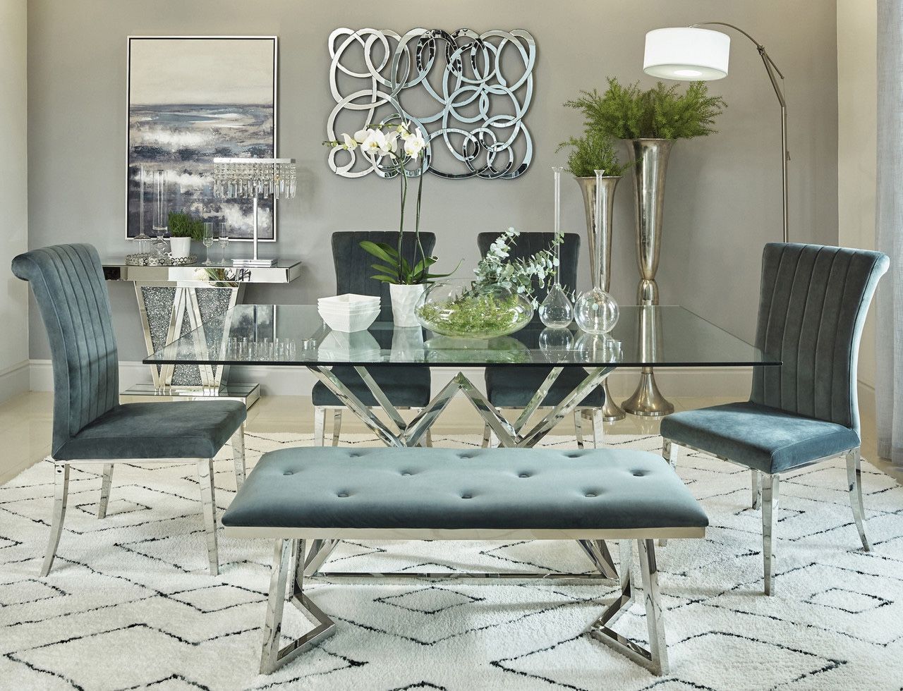GLAM SULVER CHROME 6 PIECE DINING TABLE SET GRAY VELVET CHAIRS BENCH COMEDOR MESA SILLAS