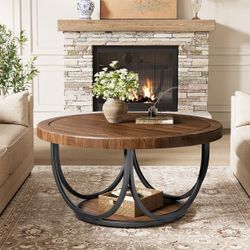 80cm Round Coffee Table - 2-Tier Vintage Industrial Design with Storage Shelf, Retro Brown Finish & Black Metal Frame