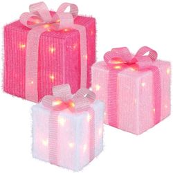 New 8 Mode 3 Packs Pink Decorations LED Light Up Valentines Lighted Gift Boxes with Glitter Bow Present Boxes USB Powered for Wedding Christmas
