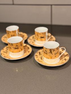 Gold Floral Espresso Cup & Saucer Set of 4