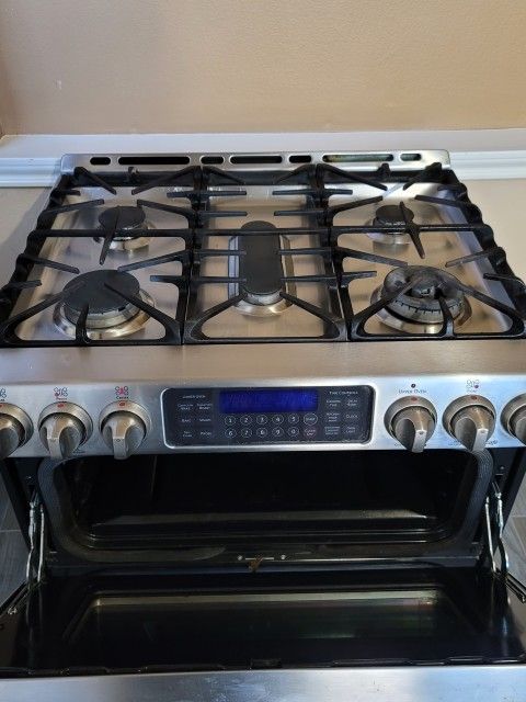 GE Café 5-Burner Gas Stove with Double Oven.
