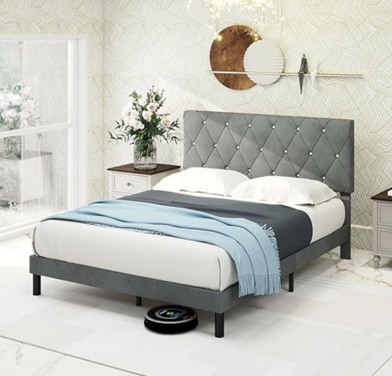 Base de cama tamaño King, plataforma tapizada de terciopelo con cabecero, fácil montaje, no necesita somier, antideslizante y sin ruido con listones
