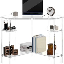 Acrylic Triangle Corner Desk - Computer Desk with Storage for Small Space, 90-Degrees, 28.5 x 28.5 inches, Home Office Desk Study Desk, for Living roo