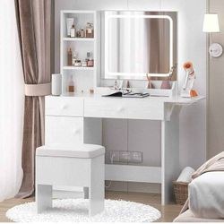 Vanity Desk with LED Lighted Mirror  with Drawers & Cabinet, Stool, White S-5