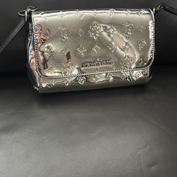 MICHAEL KORS Silver Metallic Embossed Crossbody Bag Logo Flap Black Strap