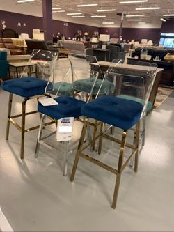 Modern Velvet & Acrylic Counter Stools - Blue/Gold Floor Model
