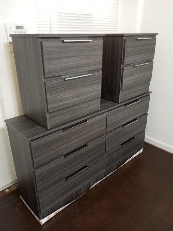 NEW GRAY DRESSER CHEST AND 2 NIGHTSTANDS. ALSO SOLD SEPARATELY