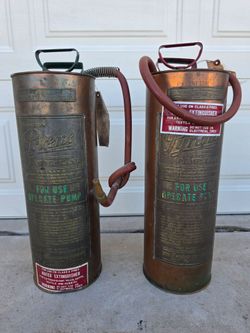 2 Antique Pyrene Copper Pump Tank Water Extinguisher Fire Equipment