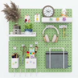 Metal Pegboard Combination Kit 4 Pack Peg Board and 26 Accessories 24″ × 24″ Green Peg Board Carbon Steel Pegboard Wall Organizer for Home, Office, St