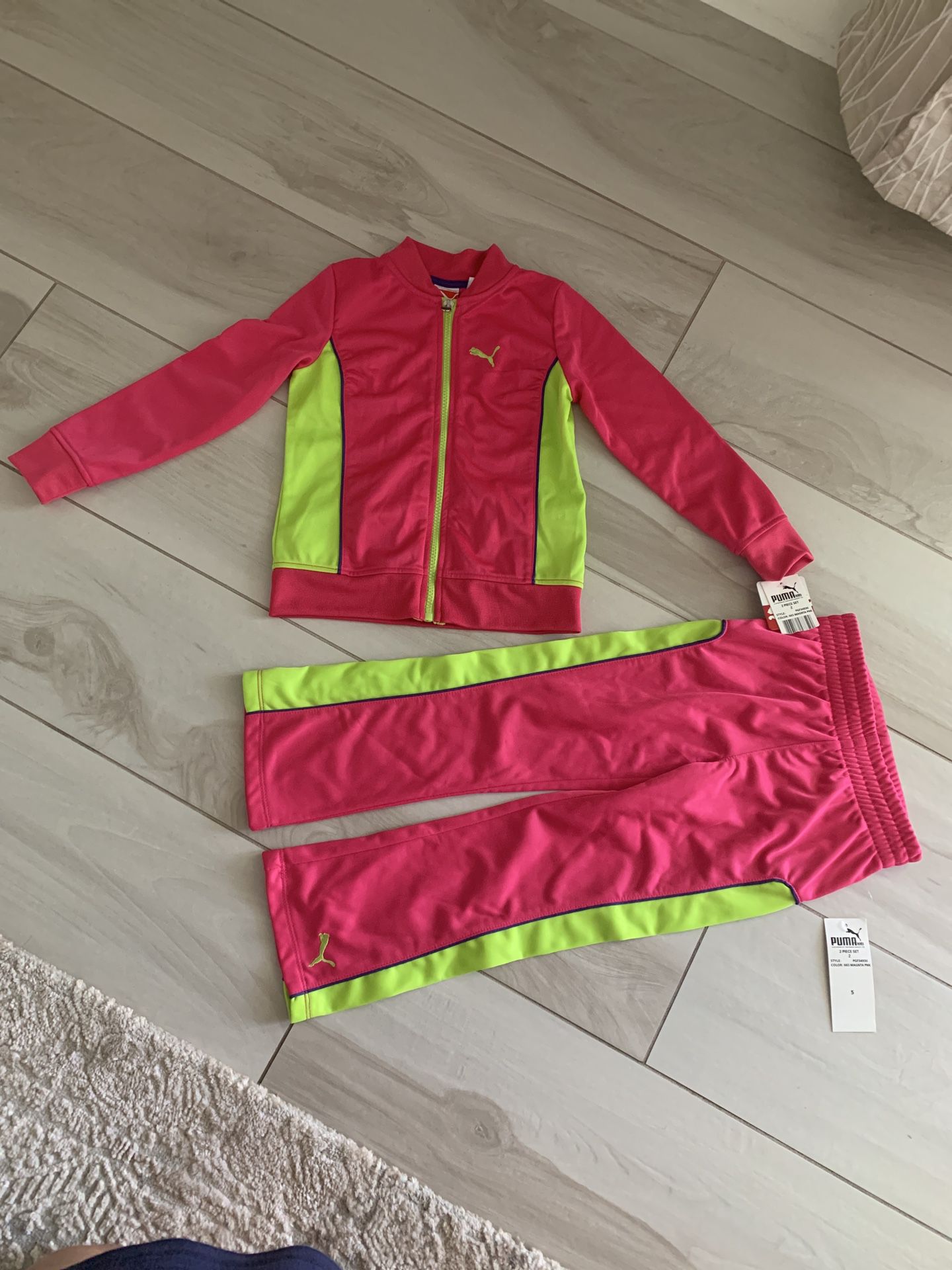 Girls Puma Jogger Track Suit Hot Pink Neon Green Set 5T Zip Up Jacket and Pants