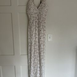 White Lace & Nude Long Dress With Leg Slit