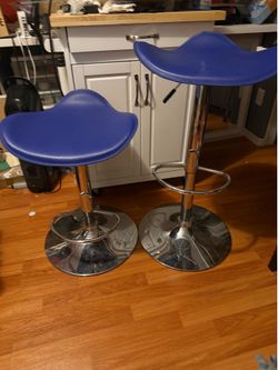 Set of 2 Adjustable Blue Vinyl Swivel Bar Stools