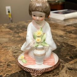 Enesco 1980 Bone China Little Girl With Flowers