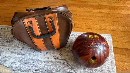 Vintage 70s Brunswick Bowling Ball & Retro Racing Stripe Bag Combo