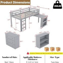 Gray Bunk Bed With Drawers, Small Table And A Book Shelf For Kids