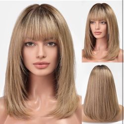NEW/SEALED 16inch Human Hair Wigs with Bangs, Layered Straight Wig with Realistic Scalp, Middle Part - Natural Color for Women
