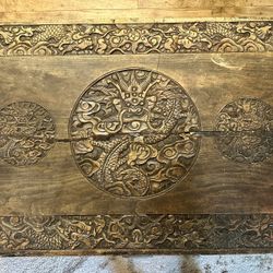 Antique Korean Dragon Trunk (c. 1940s) – Hand-Carved Wood, Brass Hardware