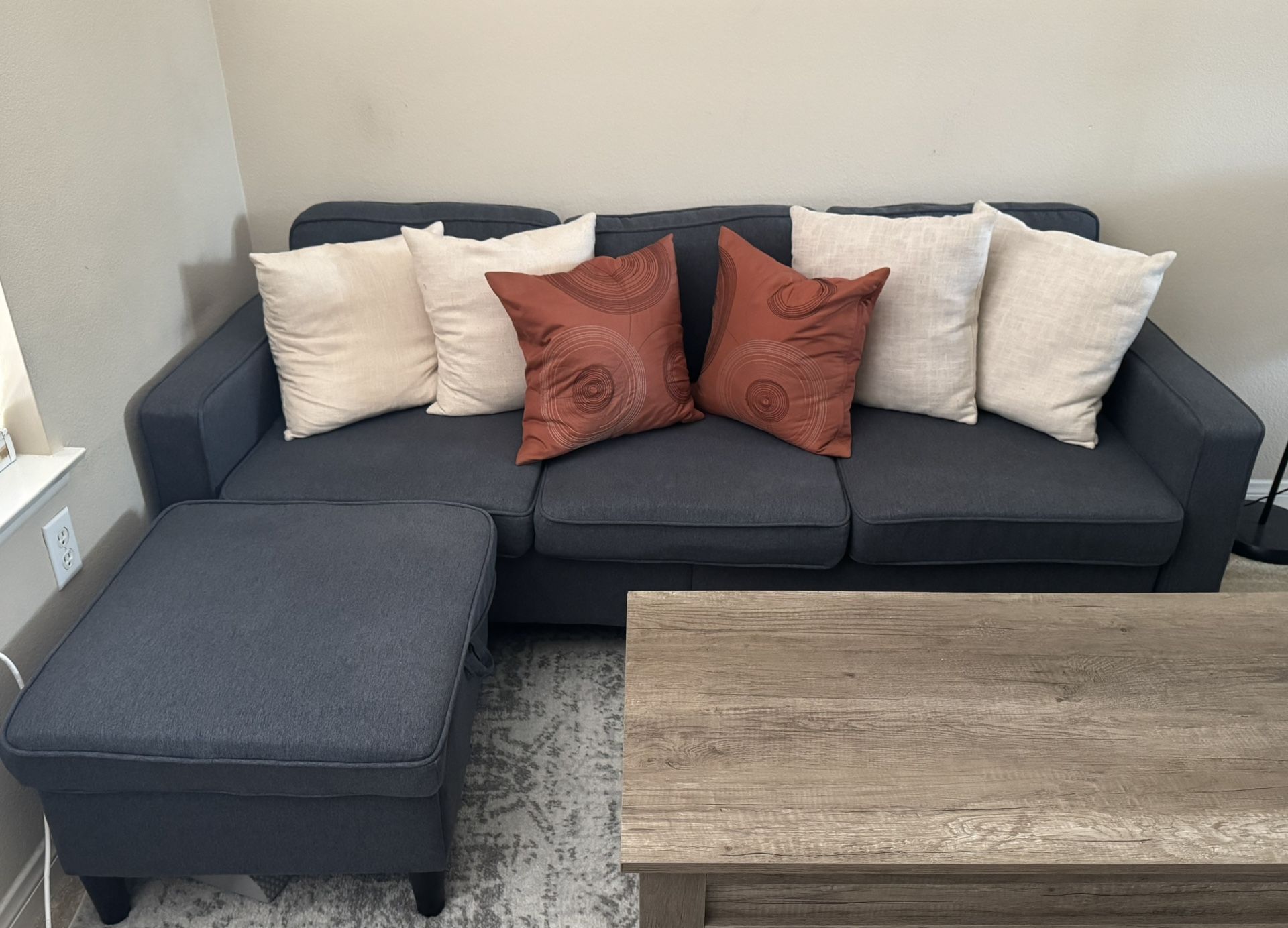 Modern Grey couch, Portable Storage Ottoman, and Pillows.