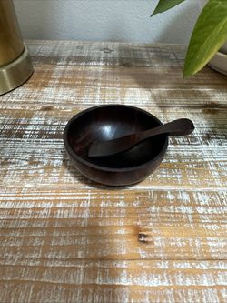 Japanese Wooden Sm Bowl & Spoon Round Sauce Salt Dipping Condiment Trinket Dish