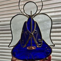 Vintage Trumpet Holding  Angel Stained Glass Cobalt Blue  Tea Light Holder 8x5x4