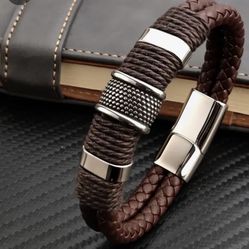 Brown leather men's bracelet 8.3 inches