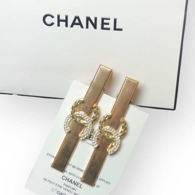 CHANEL 2Pc Set Gold/Rhinestone CC Logo Long Rectangle L.A Collection Hair Clips