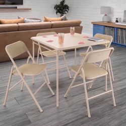 5-Piece Folding Dining Set with Card Table and 4 Fabric Padded Chairs, Tan 