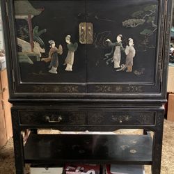 Weekend  Special  - Antique China Hutch With 2 Smaller Twin Hutches With Jade  & Mother of Pearl Figurines Mounted - Marked Way Down!