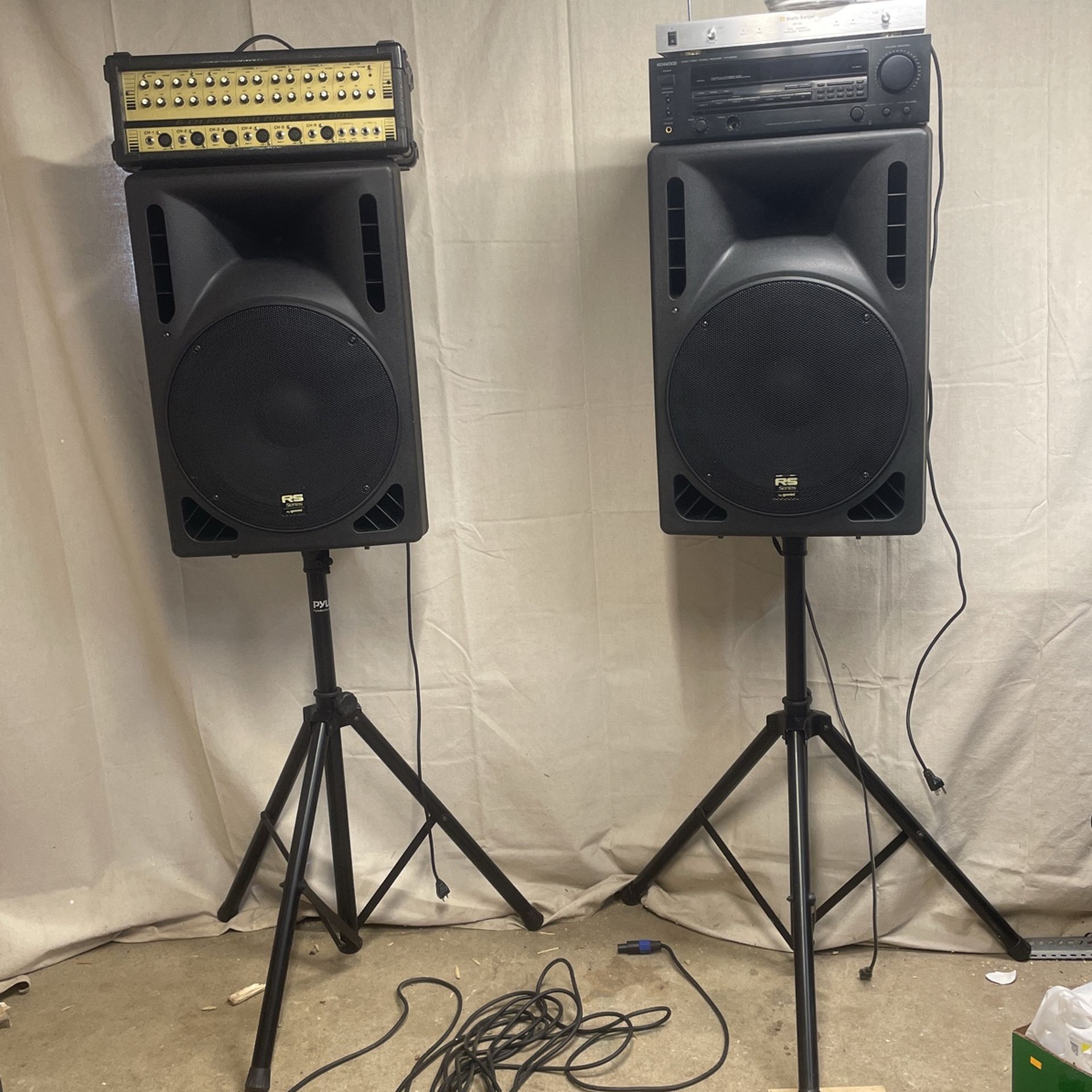 15” Speakers Stands,6 Ch Mixer, Kenwood Receiver