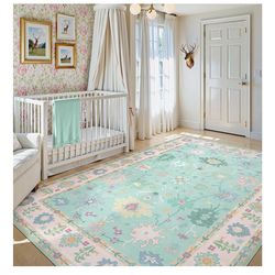 LIVEBOX Washable Oushak Rug, Non Slip 5 x 7 Area Rug for Bedroom, Turkish Pink Floral Boho Rugs Vintage Mat, Soft Pastel Dining Room Rugs Indoor Carpr