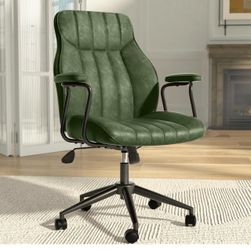 New assembled Green Leather Office Chair, Mid Century Home Office Desk Chair Ergonomic Curve Design, Removable Padded Arms, Height Adjustable Swivel S