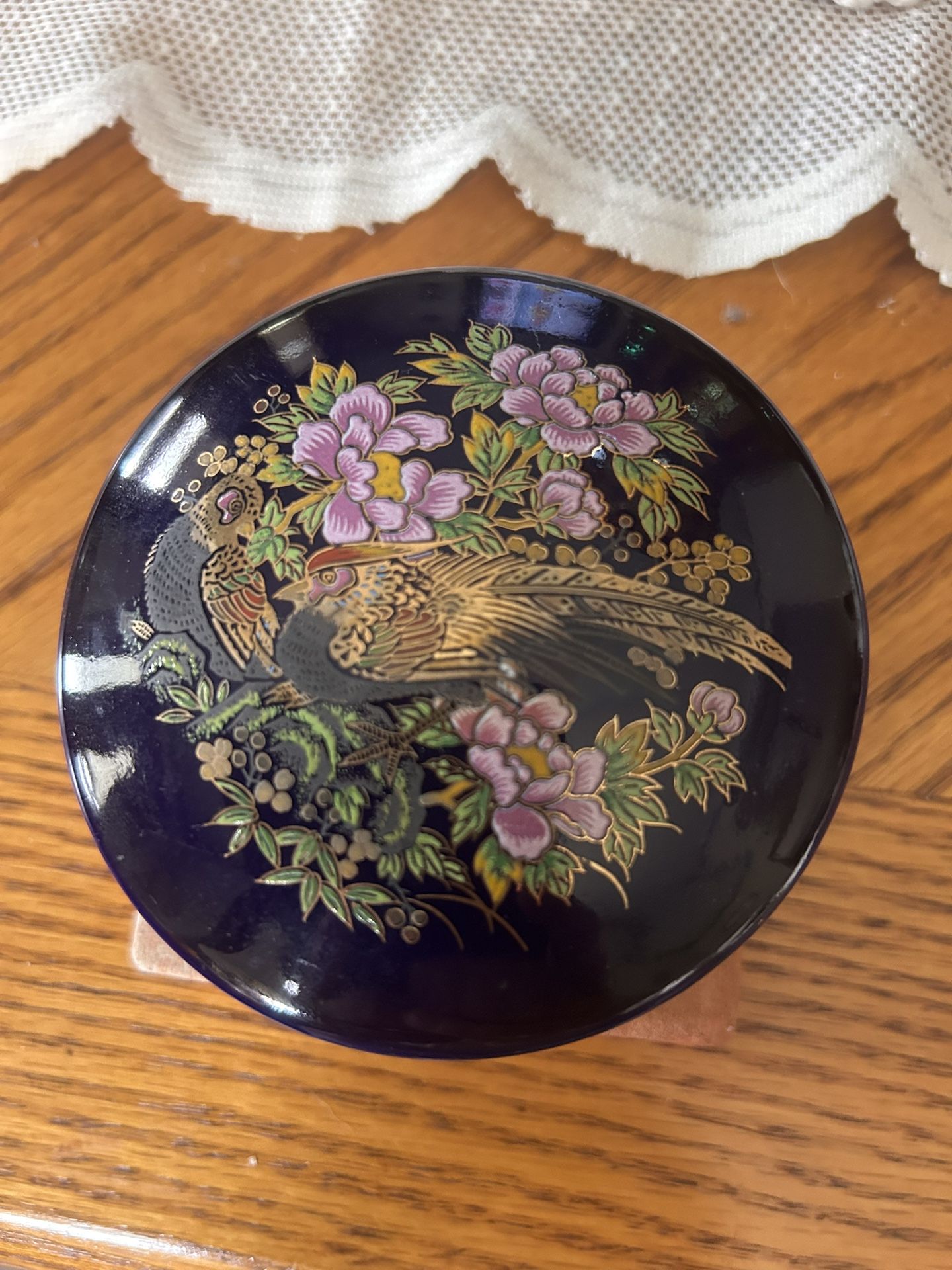 Cobalt Blue Peacock & Flowers Trinket Box Hand Painted Japanese Gilded 4”