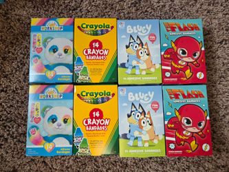 8 boxes character bandages- Build A Bear, Crayola, Bluey, The Flash