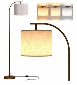 Floor Lamp with Linen Shade, Arc Dimmable Tall Standing Lamp with Remote Control, Modern Floor Reading Light for Living Room Bedroom Office Corner, 9W
