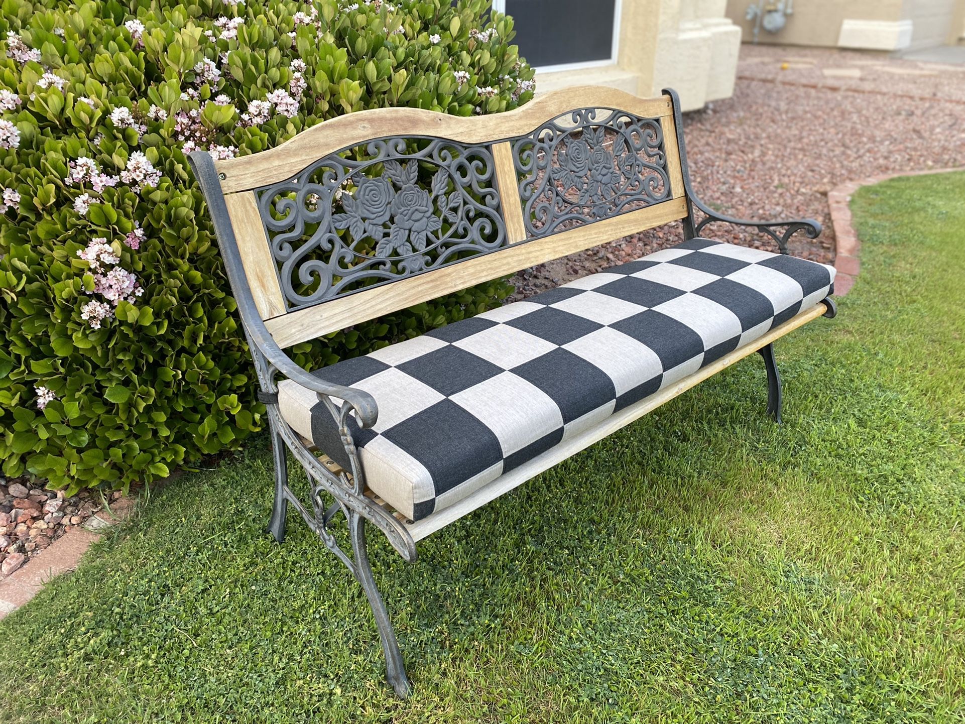 Custom tailored serged patio bench cushion with set of two throw - Main Image