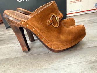 Gucci Horsebit Suede Platform Clogs Mules Brown Wood Heel Size 36 435564