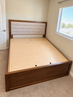 Wood Bed Frame with Upholstered Headboard