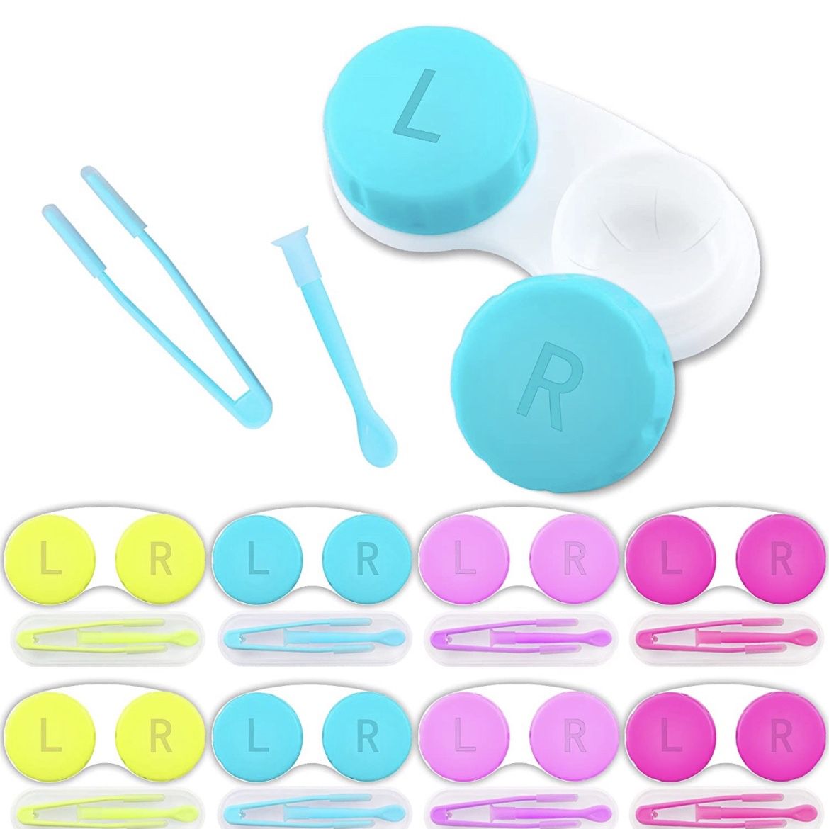  16 Pack Contact Lens Tools Kits, 8 Pack Contact Lens Case and 8 Pack Contact Lens Tweezers Inserter/Remover Colorful Box Soak Storage Leak Proof Comp