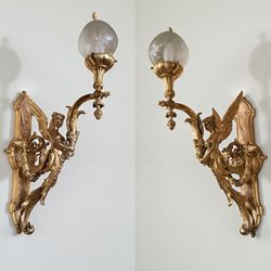 Pair of 19th Century Antique French Gilt Bronze Angel Wall Sconces