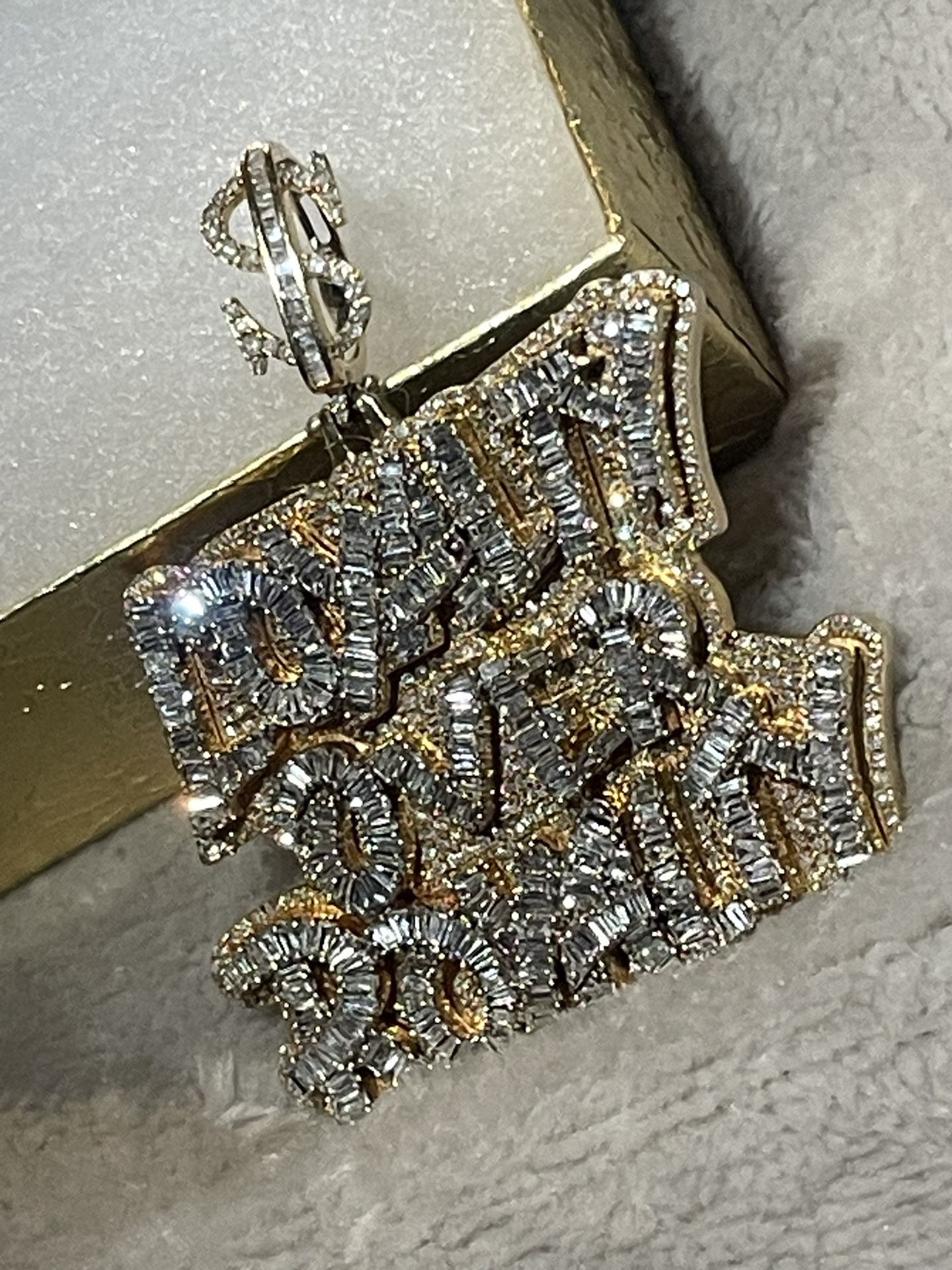 Custom made 10k gold 5ct diamond/ baguette Loyalty over royalty pendant 2inch 23g all real no trades