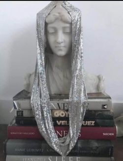 [PERFECT FOR HOLIDAY GIFT] Silver Mesh Head Cover Scarf Turban Fashion Couture 