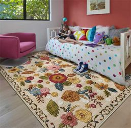 Washable 5x7 Area Rug, Beige Boho Floral Non-Slip