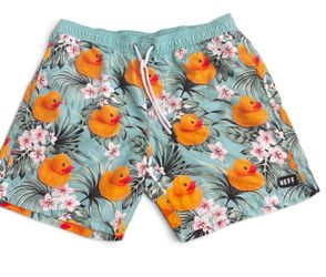 Neff Teal Swim Shorts with Yellow Rubber Duck and Pink Floral Print