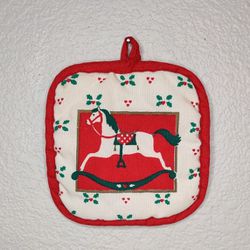 Vintage Christmas Rocking Horse Quilted Potholder 