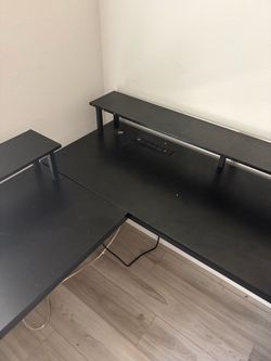 Black L-Shaped Desk with Monitor Shelf