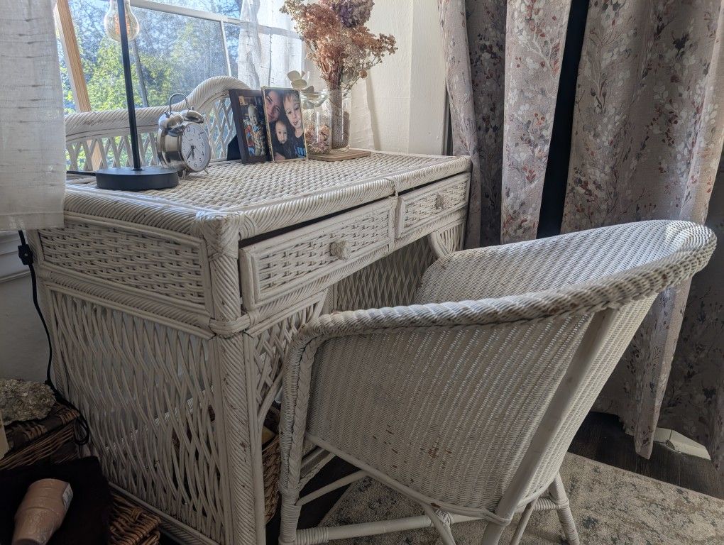Vintage White Wicker Desk Plus Chair