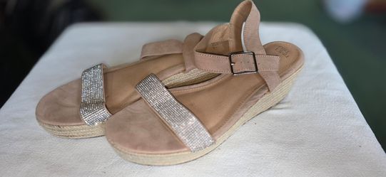 Nude Wedge Sandals with Rhinestone Straps 9