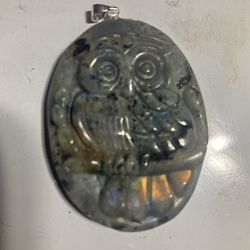 HANDCARVED LABRADORITE OWL NECKLACE Orange Flash 