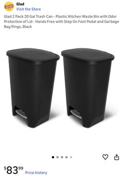 $60 for Glad 2 Pack 20 Gal Trash Can - Plastic Kitchen Waste Bin with Odor Protection of Lid - Hands Free with Step On Foot Pedal and Garbage Bag Ring