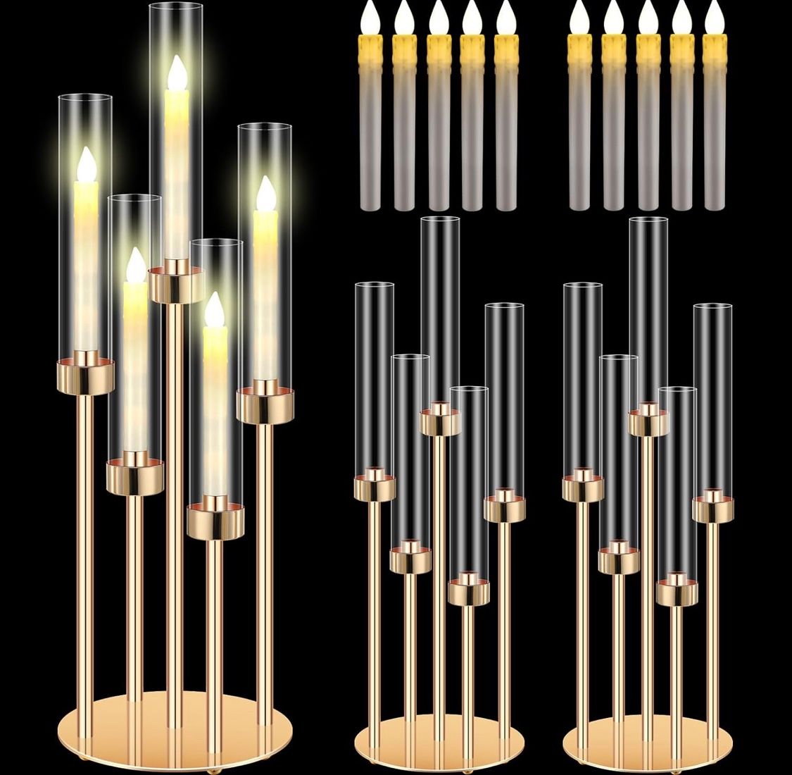 Tandefio 2 Set 5 Arm Gold Candelabra Table Centerpiece with LED Candle 26.8" Tall Wedding Floor Holder Acrylic Candlestick with Lampshade Fit 0.8 for